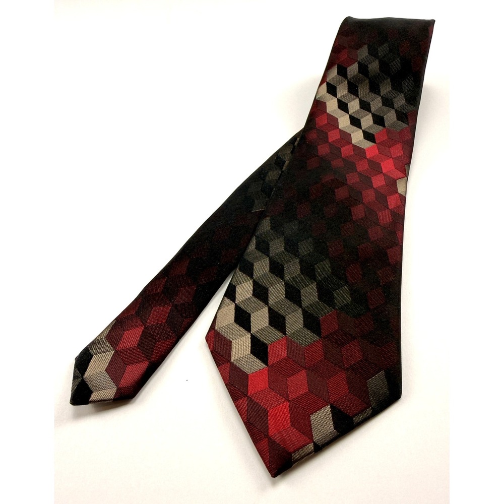 VTG AXCESS SILK TIE Red Black Gray 3.5"Wide 58"Long Geometric Cube Pattern #1589